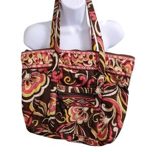 Vera‎ Bradley Quilted Tote Bag Brown Pink Yellow Floral Pattern Zip Top